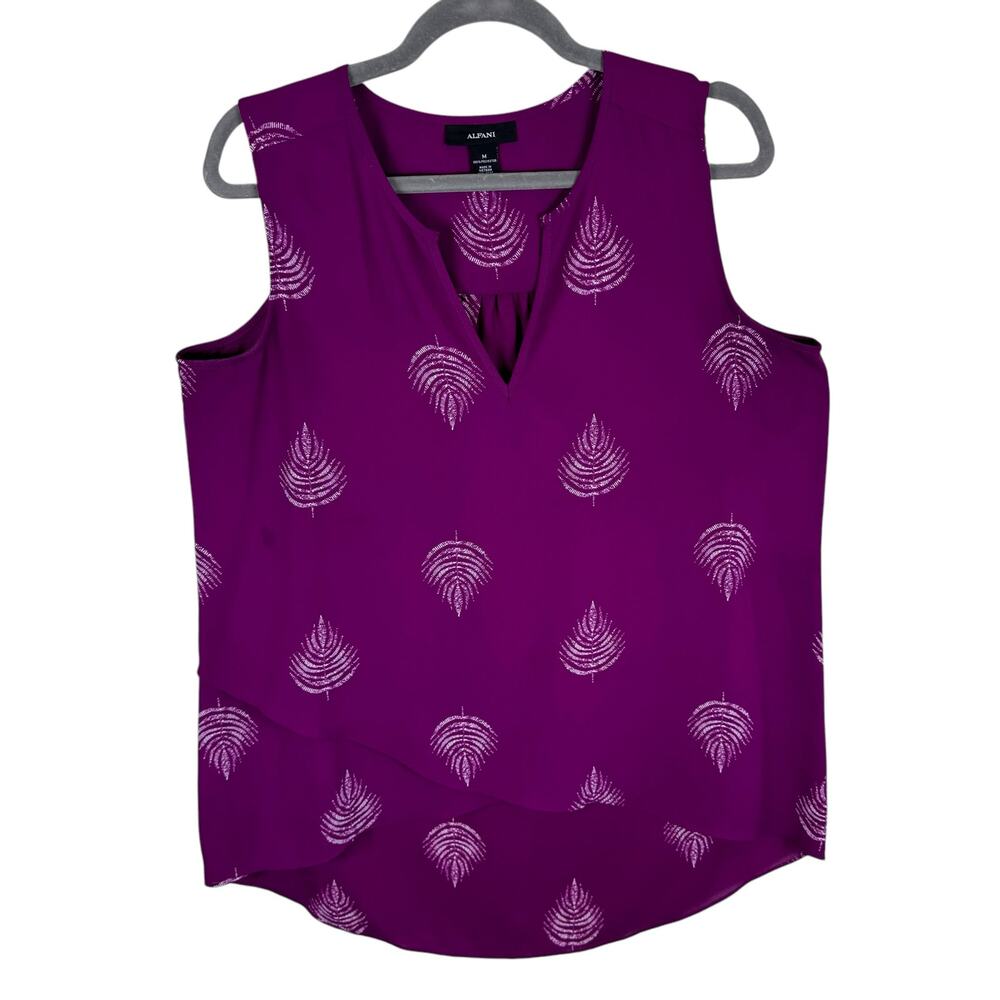 Alfani Purple White Patterned Faux Wrap Split Neck Sleeveless Blouse Size‎ M